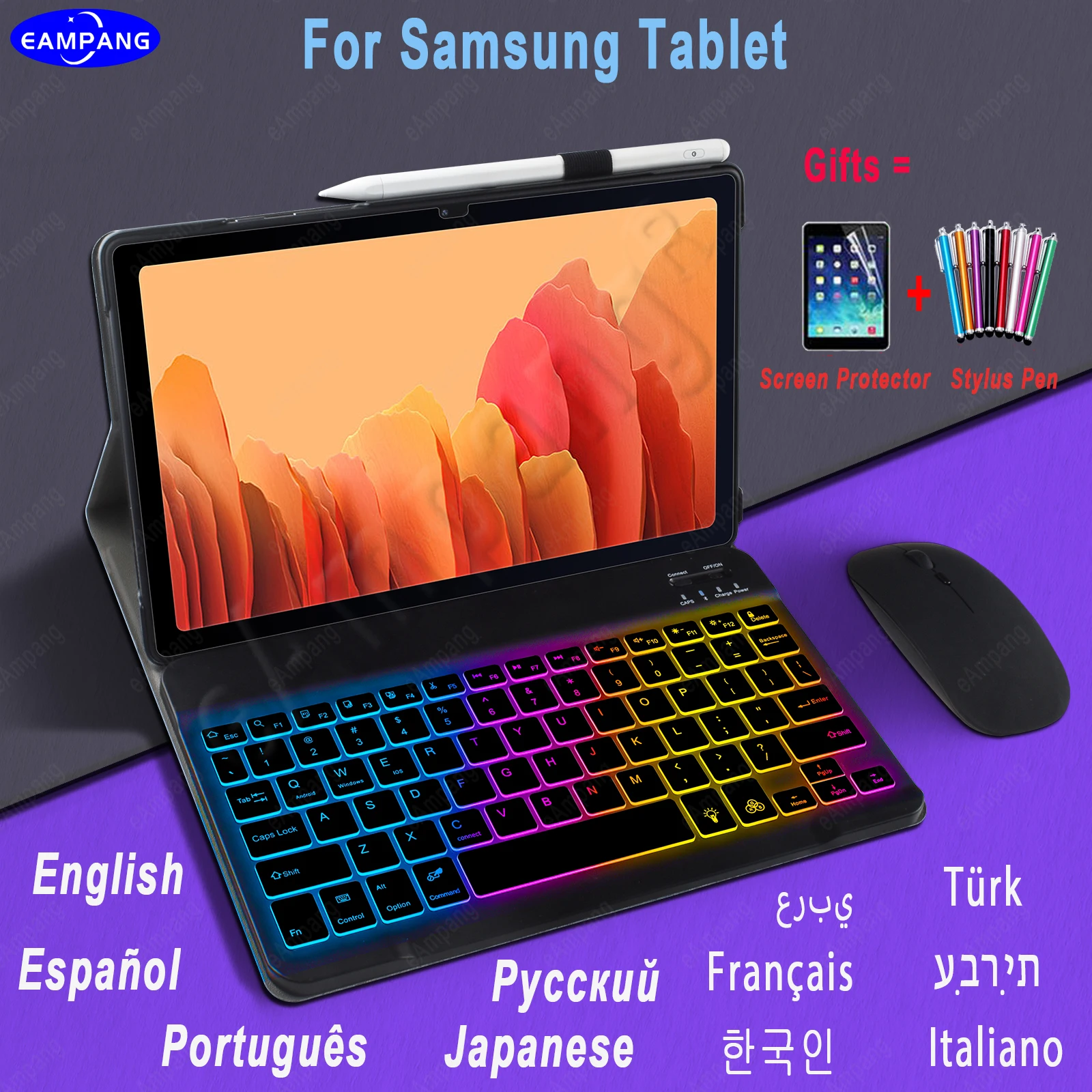 

2023 клавиатура с подсветкой чехол мышь для Samsung Galaxy Tab A8 A7 S6 Lite Tab S7 S6 S5e A6 10,1 2016 2019 A 10,5 Арабский Русский