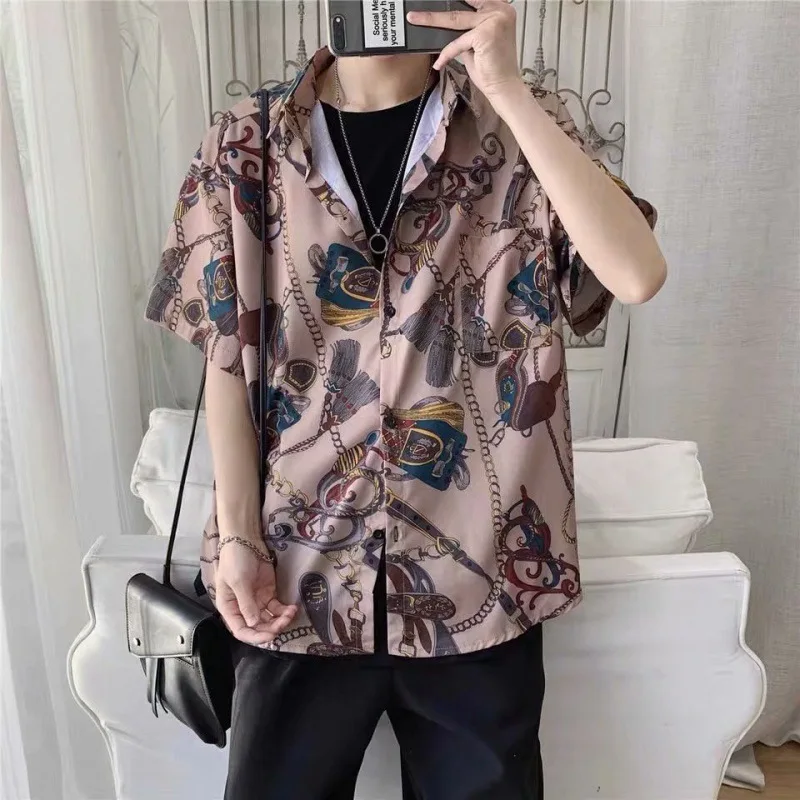 

Мужская рубашка с принтом, Повседневная летняя Гавайская пляжная рубашка с короткими рукавами в Корейском стиле, мужские рубашки, блузки, Мужская винтажная одежда