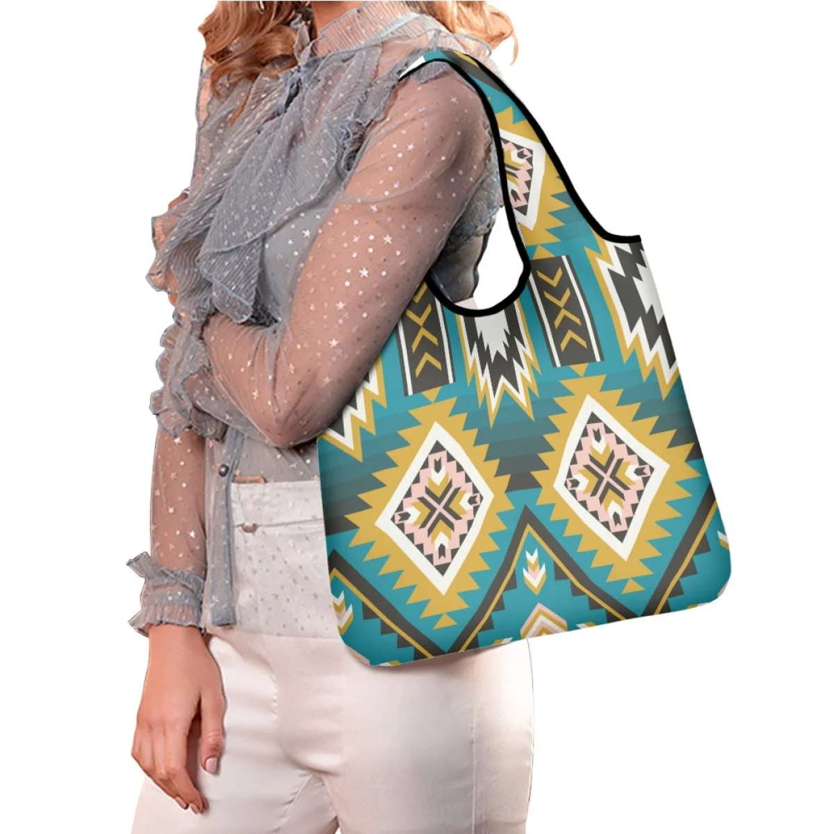

TOADDMOS Aztec Tribal Geometric Pattern Ladies Shoulder Bag Eco-friendly Recyclable Shopping Bag Portable Large Capacity Tote