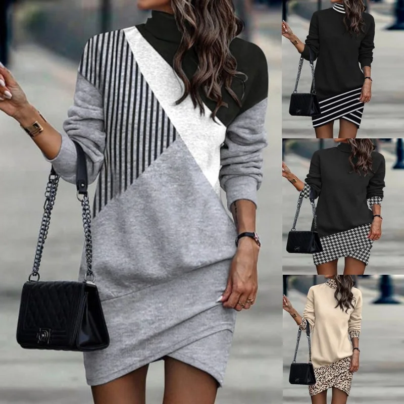 

Women's Mini Dresses 2022 Fashion Vintage Print Turtleneck Harajuku Long Sleeve Dress Elegant Irregular Splicing Wrap Hip Skirts