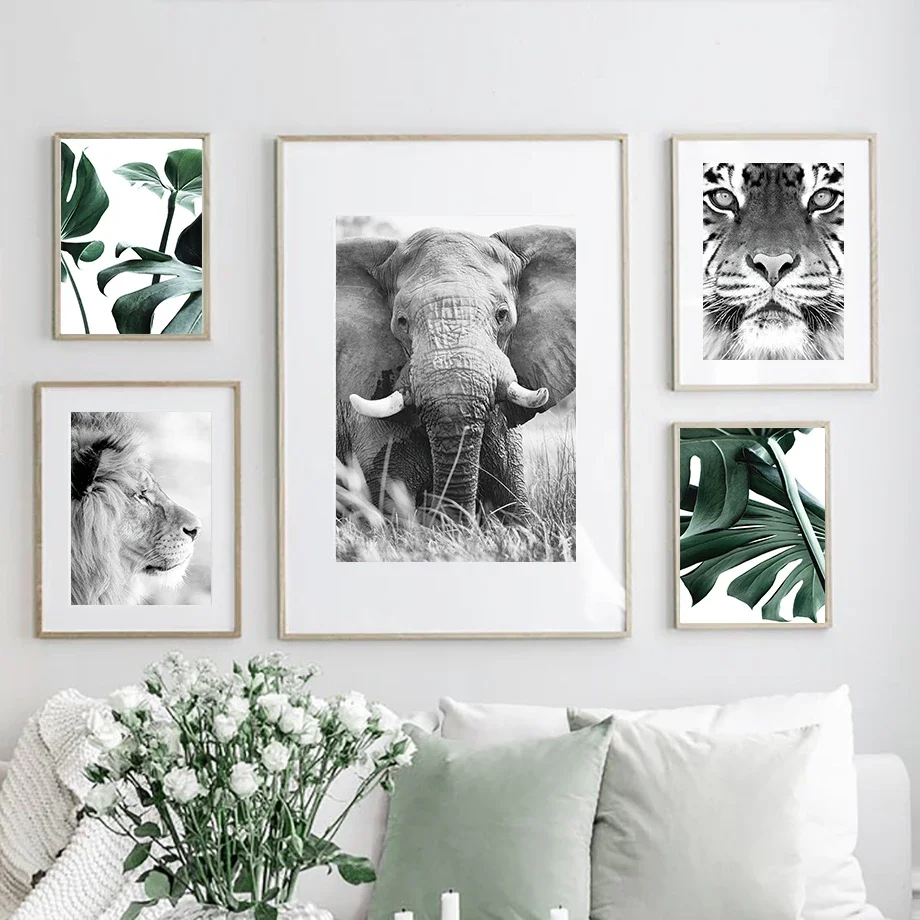 Настенная роспись холст живопись черный белый животные фото зеленые пансины