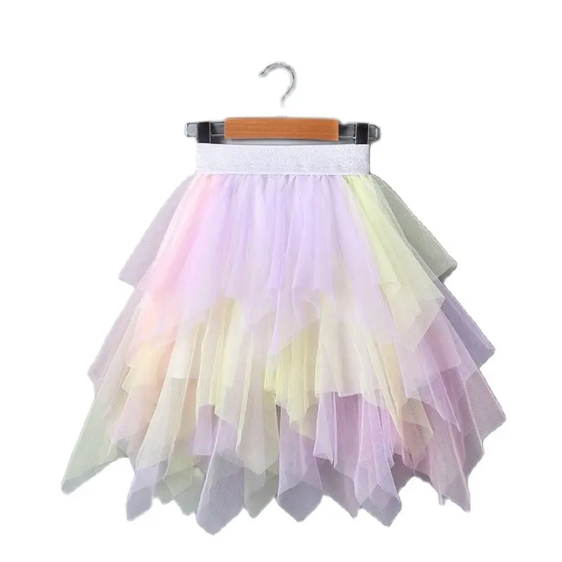 3-12Yrs Gauze Girls Skirts Rainbow Irregular Skirt Children's Clothes Bottomst Girl Tutu Princess Dance Skirt Mother Child Skirt
