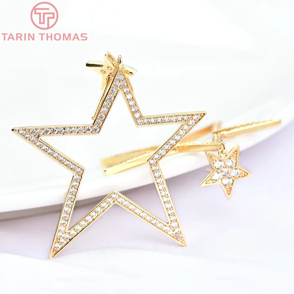 (5917) 2 шт. 40x41 мм 24-каратное золото латунь с цирконием серьги-гвоздики со звездами