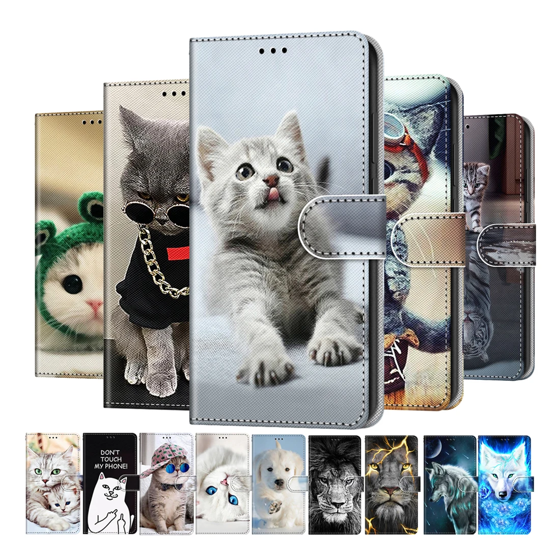 

Cute Cat Lion Pattern Leather Phone Case For Samsung Galaxy S22 Ultra S21 FE S20 S10 Plus Cover Magnetic Flip Switch Coque Etui