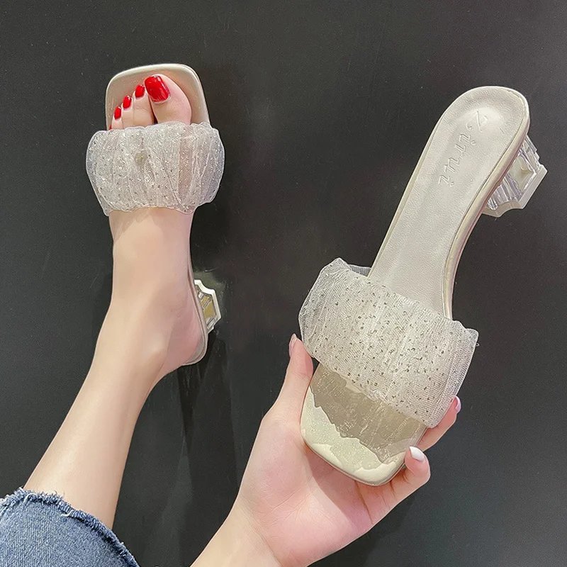 

Shoes Glitter Slides Slippers Casual Slipers Women Square Toe Med Rubber Flip Flops Heeled Mules Jelly Luxury 2022 Hawaiian High