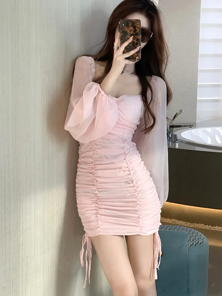 

Женское плиссированное платье-бюстгальтер, привлекательное Короткое облегающее французское платье с квадратным вырезом и рукавами-фонари...