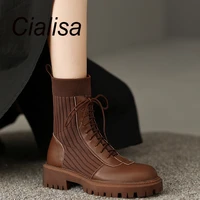 cialisa fashion sock boots new 2022 autumn winter round toe cow leather patchwork mid heels elastic women short boots 40 brown