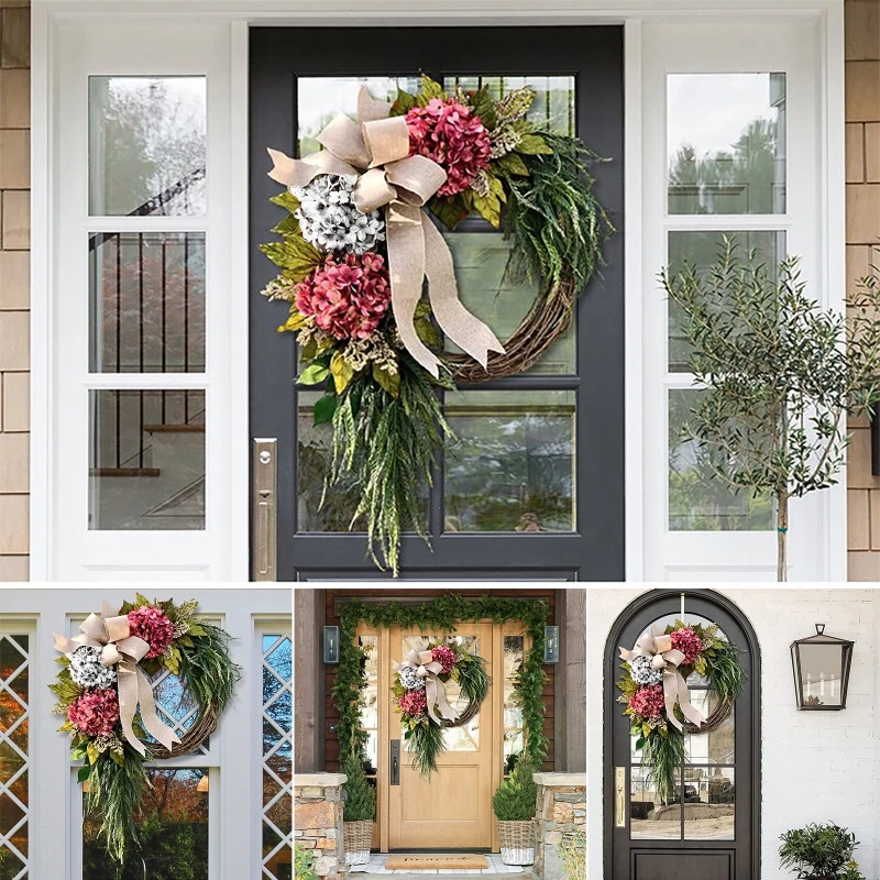 

Farmhouse Wreath for front Door Hydrangea Wreaths with Bowknot Rustic Artificial Garland Wall Home Decoration