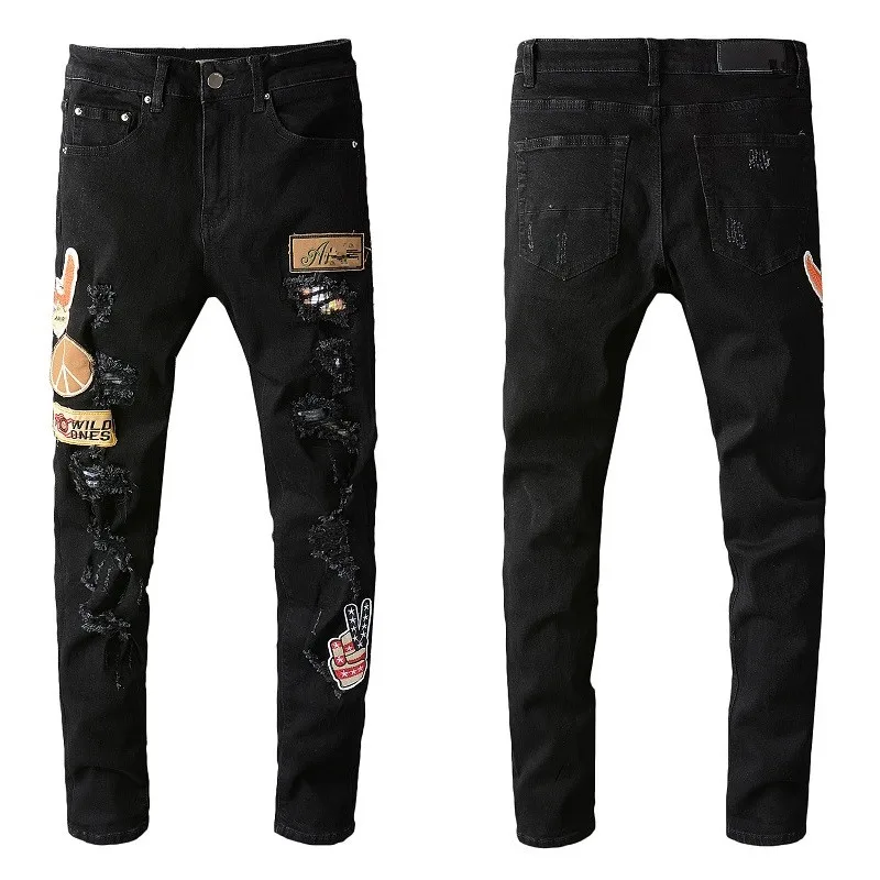

New Fashion Mens Jeans Distressed Motorcycle Biker Rock Skinny Slim Ripped Hole Letter Top Quality Brand Hip Hop Denim Men Pants