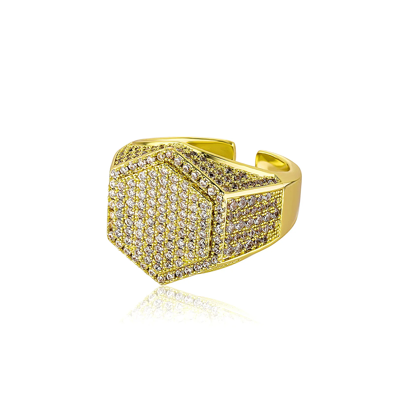

RACHELZ Hip Hop Gold Color Plated Hexagon Zircon Ring Fashion Punk Shiny Diamond Rings For Men Women Adjustable Jewelry Gift