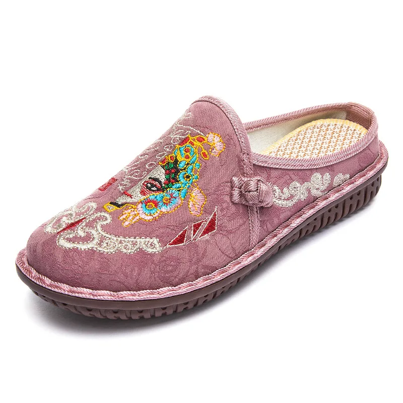 

Summer Women Slipper Ethnic Embroidery Flat Shoe Cotton Comfortable Slide Slip-on Thick Bottom Muller Leisure Outdoor Cloth Shoe