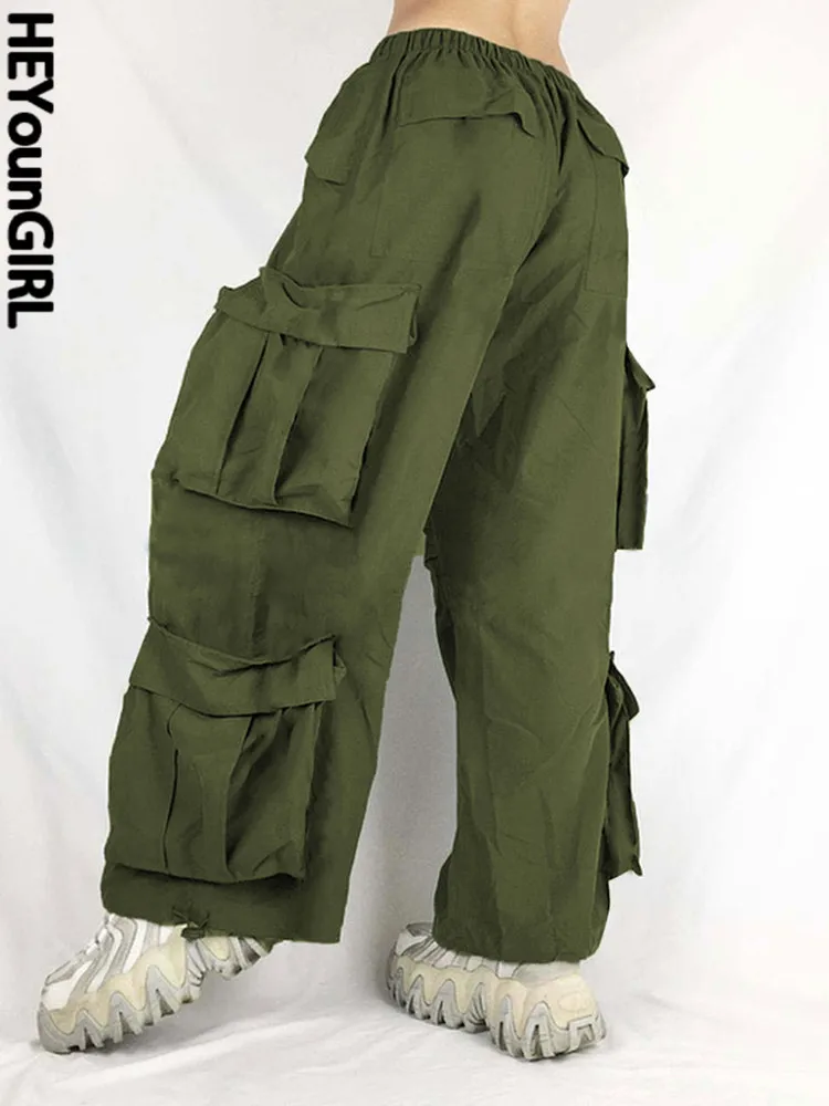 

HEYounGIRL Green Cargo Wide Leg Pants Elastic Waist Harajuku Retro Loose Trousers Pockets Drawstring Sweat Joggers Hip Hop Pants
