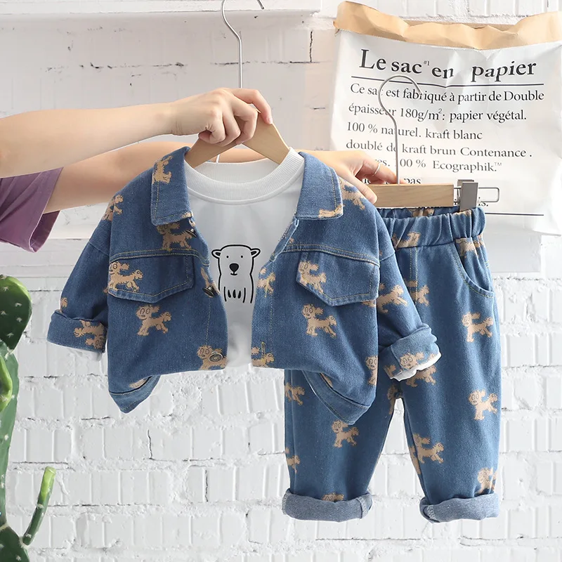

Children's autumn suit new baby cartoon printed long sleeved denim shirt three piece boys' and girls' denim pants set