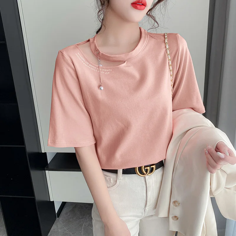 

Женская хлопковая свободная футболка, летний топ в стиле High Street с вырезами и коротким рукавом, новинка 2022, футболки, модная облегающая женск...