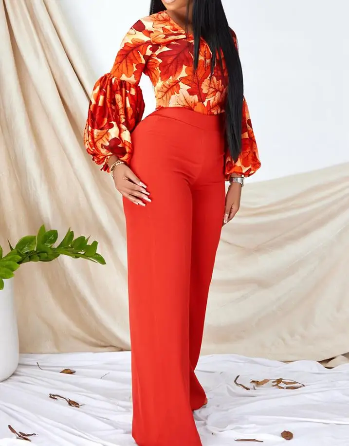 

Elegant Woman Pants Two Piece Set of Plant Flowers Printed Tie Design Bubble Sleeves Top Female Commuting Wide Leg Long Pants