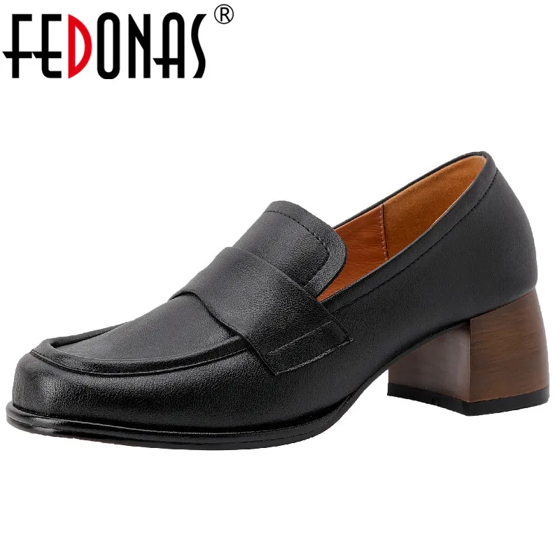 

FEDONAS Spring Autumn Classic Women Pumps Office Ladies Dress Casual Retro Concise Genuine Leather Thick Heels Basic Shoes Woman