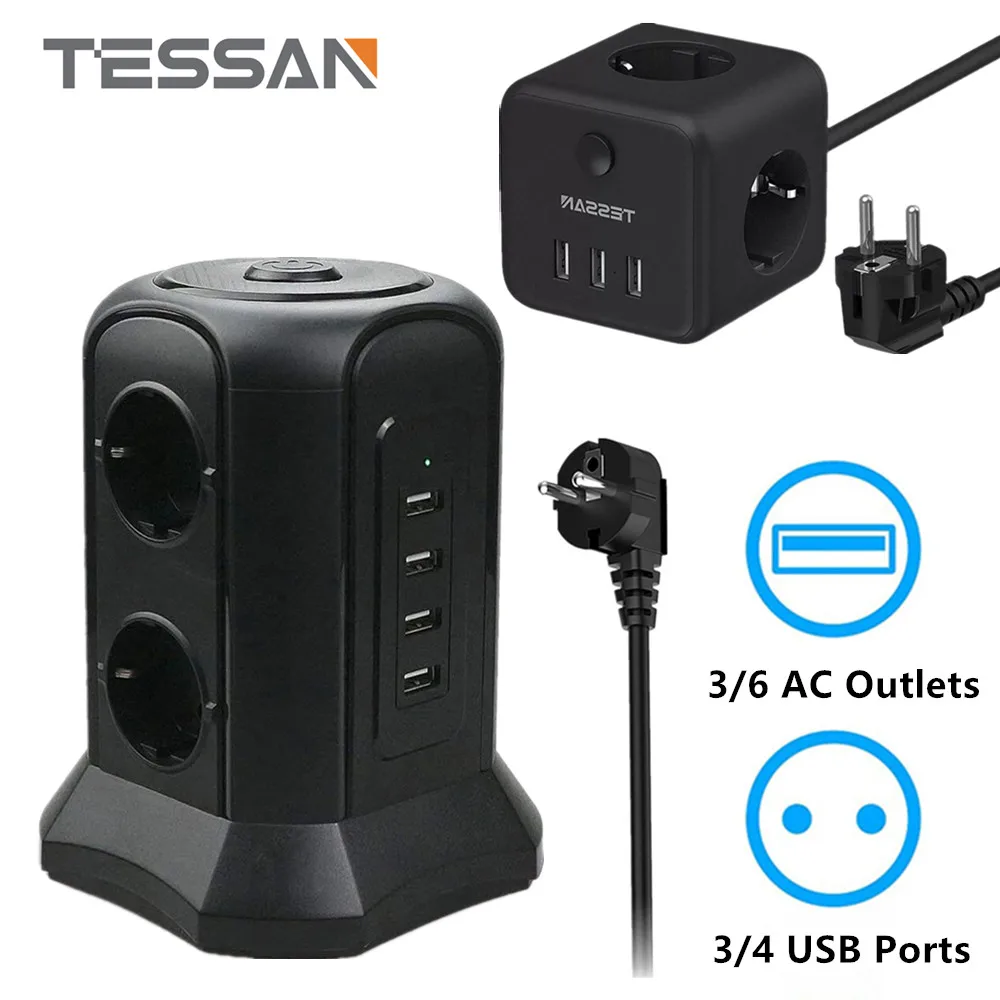 

TESSAN Tower Power Strip European Plug Vertical Multiple Sockets with Switch 3/6 EU Outlets 3/4 USB Ports 1.5m/2m Cable for Home