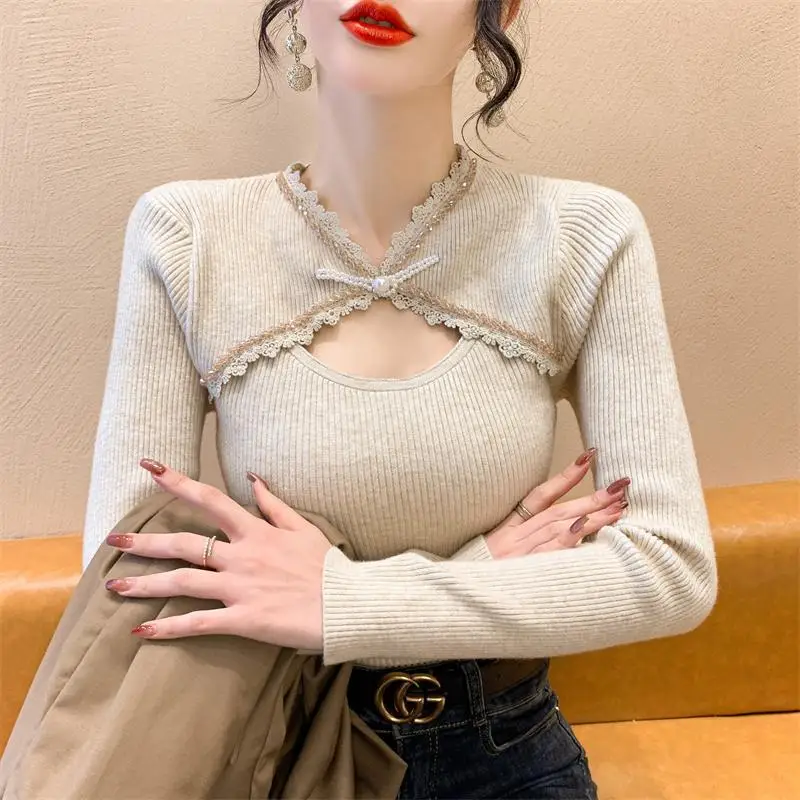 Женский вязаный шерстяной свитер элегантный облегающий с длинными рукавами в