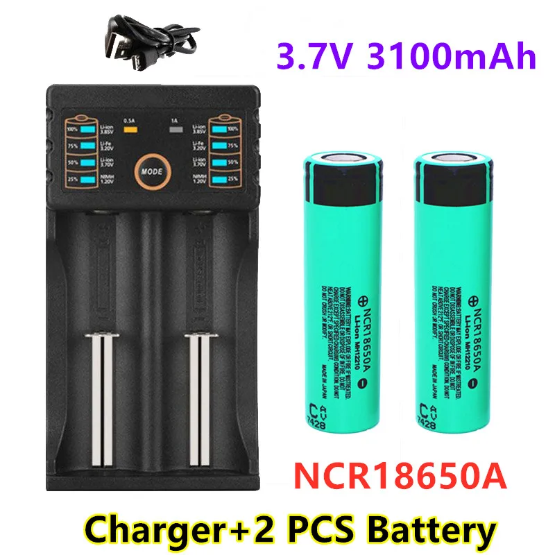 

100% original ncr18650a 3100mah 3.7v 18650 recarregável lítio li-ion bateria para lanterna portátil baterias + carregador