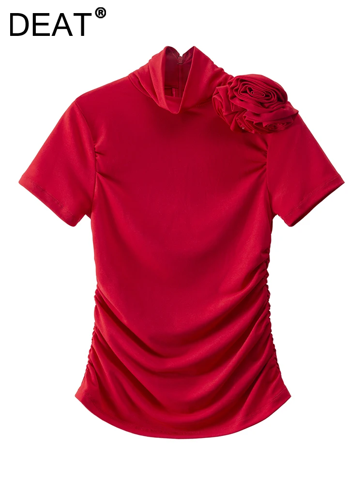 

Женская футболка с воротником-стойкой DEAT, Однотонная футболка с коротким рукавом и трехмерными цветами, со складками, Новинка осени 2023, 7AB184
