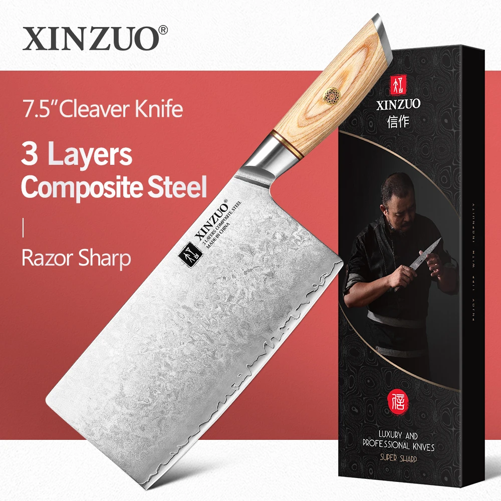 XINZUO 7.5'' Cleaver Chef Knife 3-layer Composite Steel Razor Sharp Kitchen Knives Stainless Steel Slicing Meat Vegetables Tools