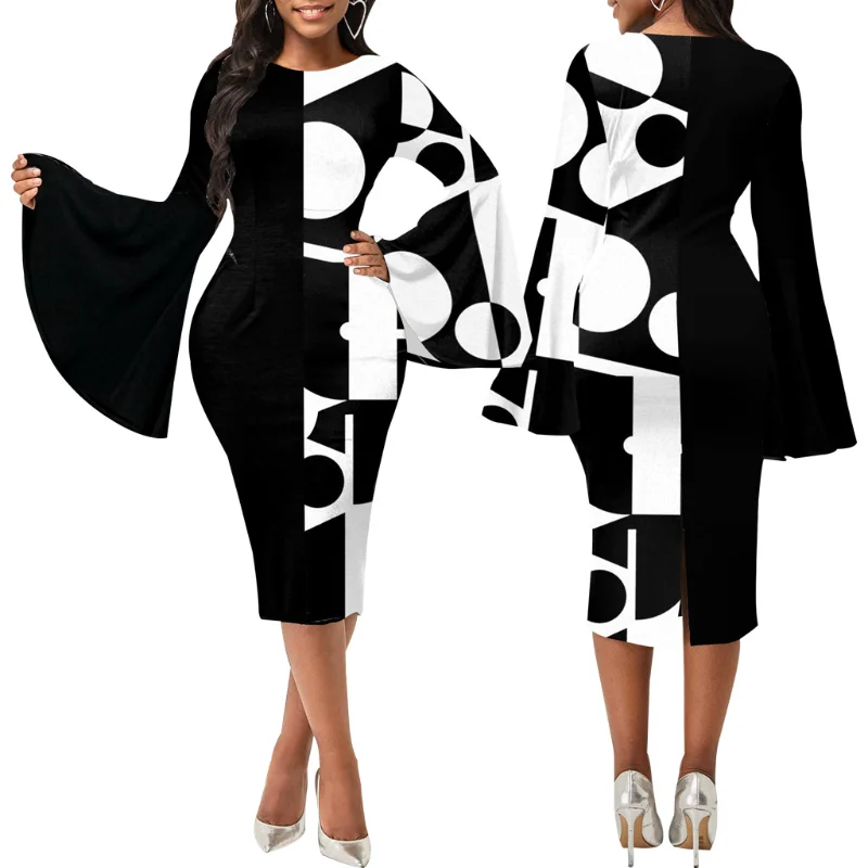 

Flare Sleeve Midi Dress Fashion O Neck Long Sleeve Midi Dresses 2023 Autumn Casual Pullover Elegant Party Dress white dress