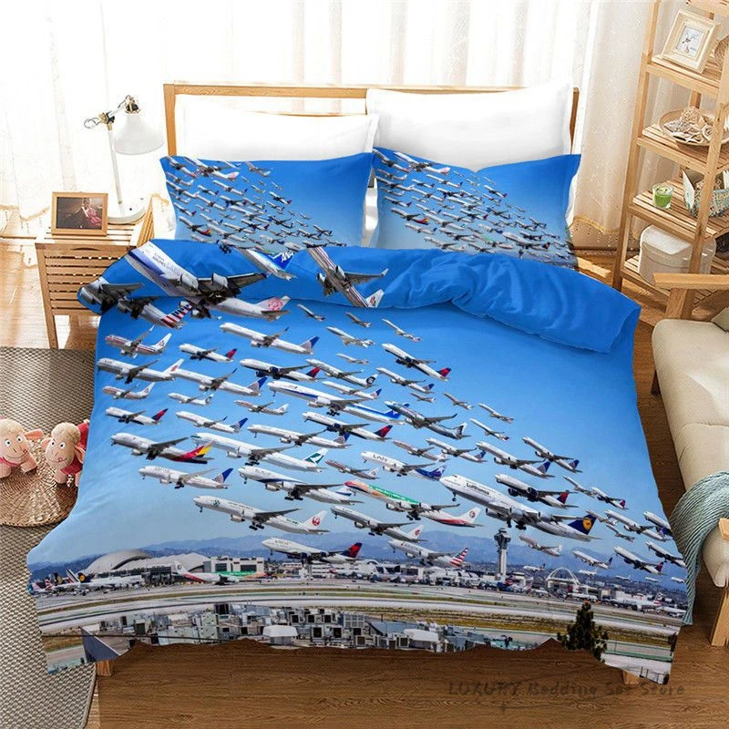 

3pc Duvet Cover Aircraft Cluster Civil Aviation Passenger Plane Blue Sky Kids Adults Bedding Set Microfiber Single Double Queen