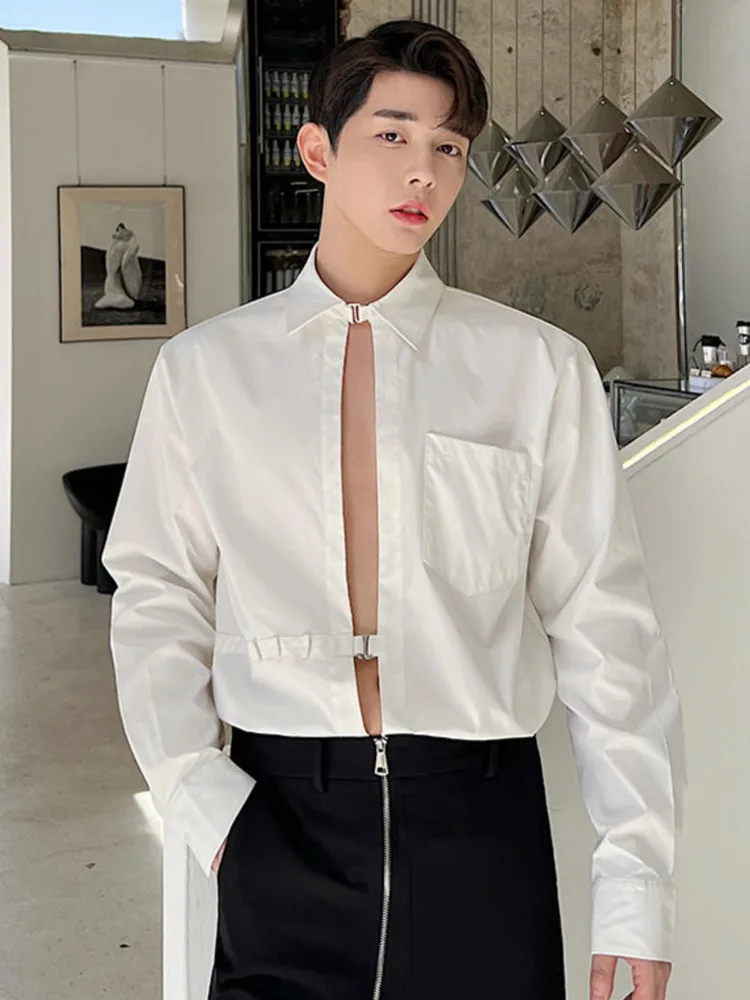 SYUHGFA 2022 Spring Turn Down Collar Long Sleeve Shirt For Men Adjustable Metal Button Loose Casual Tops Clothing |
