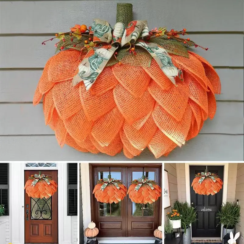 

Halloween Party Door Hanging Window Wreathes Pumpkin Berry Background Decor Harvest Festival Rattan Wreath Thanksgiving Wreath