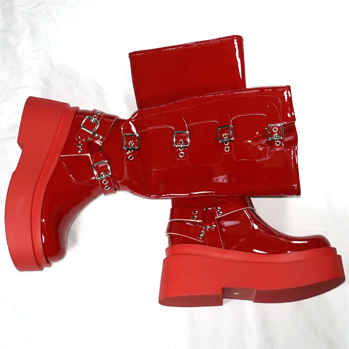 Winter Fashion Sneakers Women Red Patent Leather Wedges Knee High Boots Female Round Toe Thigh High Platform Pumps Casual Shoes