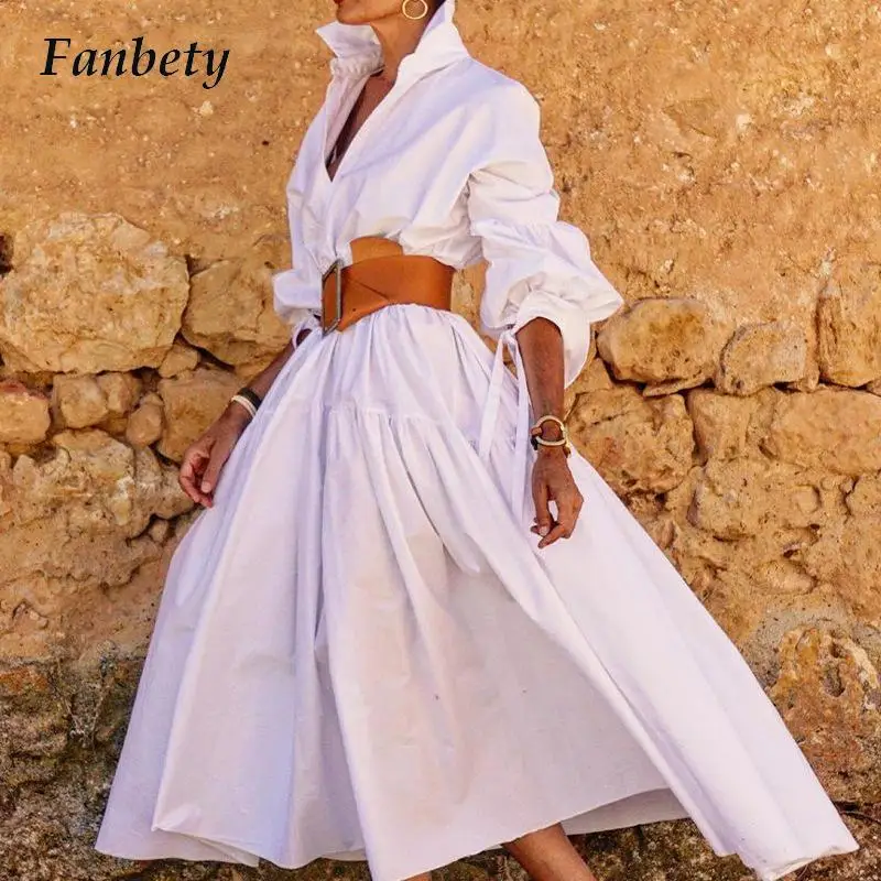 

Женское длинное платье-рубашка с отворотом, элегантное однотонное однобортное платье-пуловер с длинным рукавом и поясом