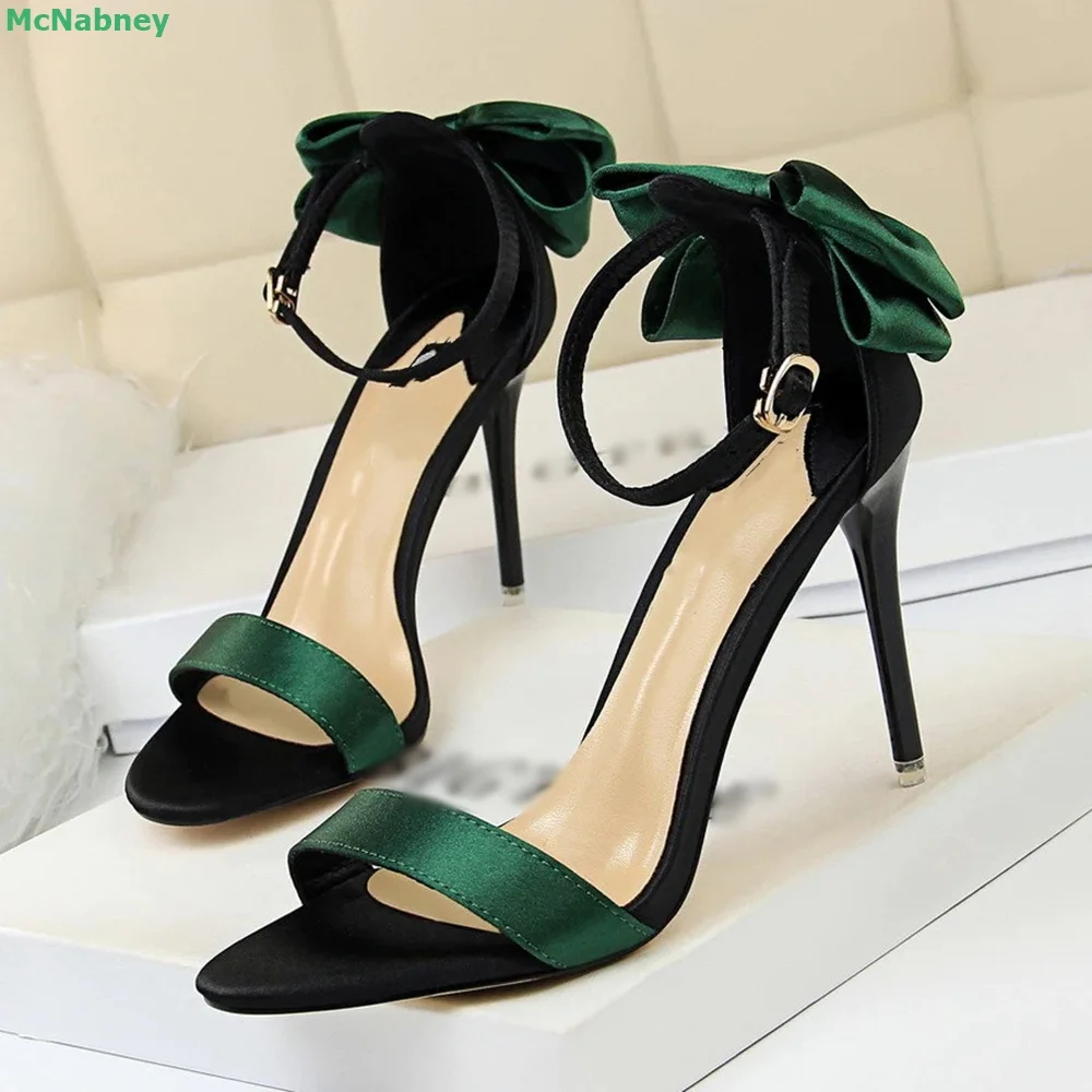 Butterfly-knot Ankle Buckle Strap Sandals Mixed Colors Round Toe Thin High Heel Shallow Sweet Simple Design Classics Summer Shoe