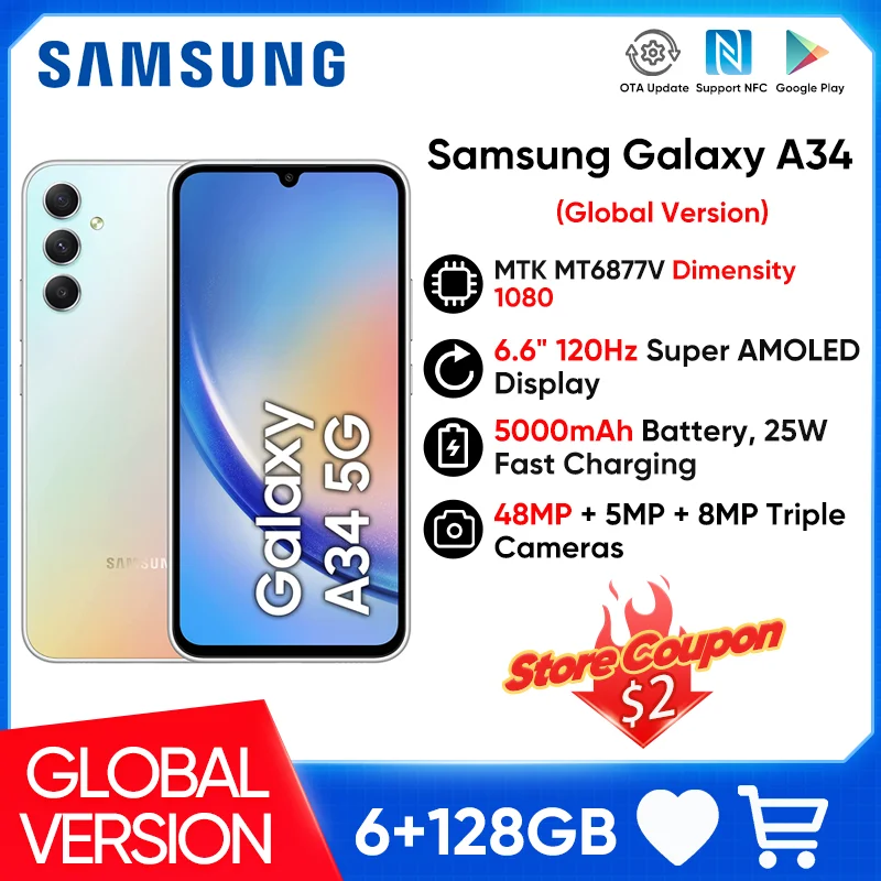 

Global Version New Samsung Galaxy A34 5G Smartphone Dimensity 1080 6.6" 120Hz Super AMOLED Display 5000mAh Android Mobile Phone