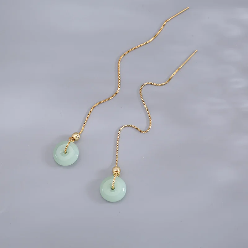 

Wholesale New Hetian Jade Peace Buckle Long Dangle Earrings Women Classical Tassel Round Bead Chain Earring Jewelry Pendientes