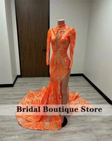 sparkly orange sequined prom dresses 2022 high side slit mermaid wedding birthday party gown robe de bal custom