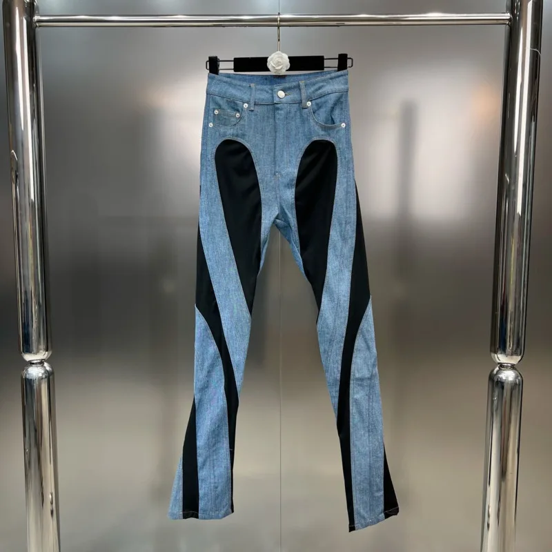 

BORVEMAYS 2023 Autumn New Stretch Jeans Women High Waist Contrasting Colors Patchwork Personality Street Denim Trousers WZ3752