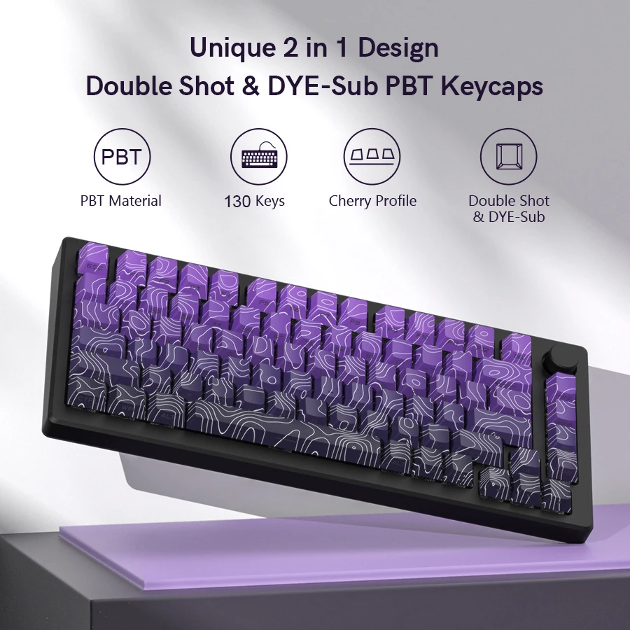 130-клавишные колпачки для клавиш Double Shot Dye Sub PBT с фиолетовым топографическим