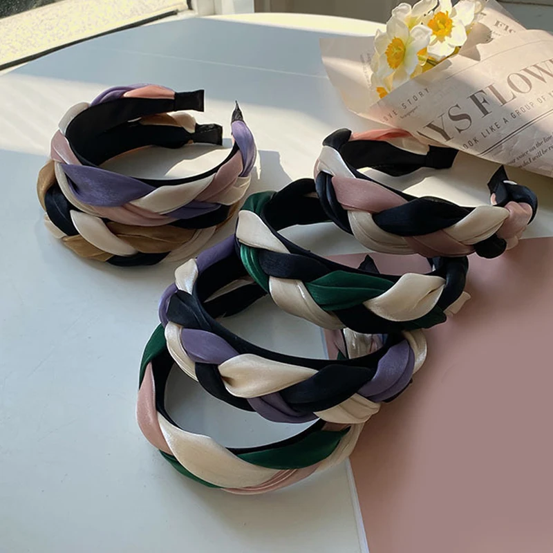 

New Splicing Colors Plait Satin Hair Accessories Wide Weaving Hairbands Braided Headband Hair Hoop Fashion Hair Bands Bezel