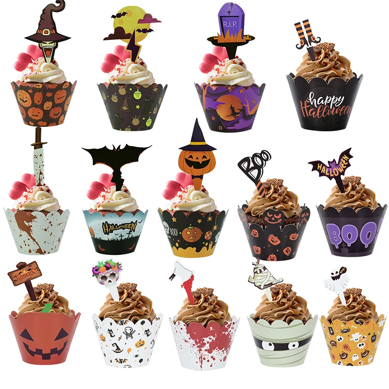 

24/32 Pieces Halloween Cupcake Wrappers Pumpkin Spiderweb Bat Toppers Cupcake Kit for Halloween Party Cake Decoration Baking Cup