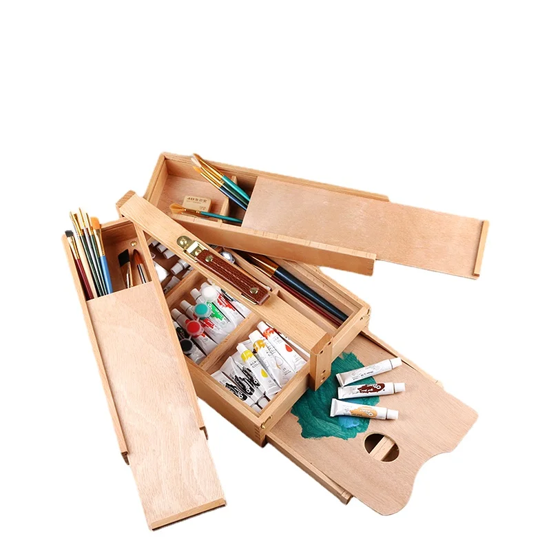 

Toolbox Beginner Art Paint Box Solid Wood Toolbox Painting Storage Box Foldable Portable Sketch Oil Painting Color Mixing Box
