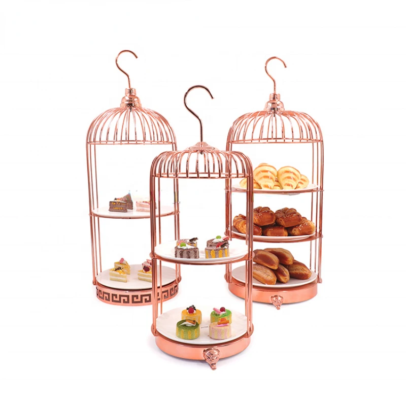 

cafeteria luxury rose gold dessert stand 2 tier afternoon tea display rack stainless steel birdcage cake stand