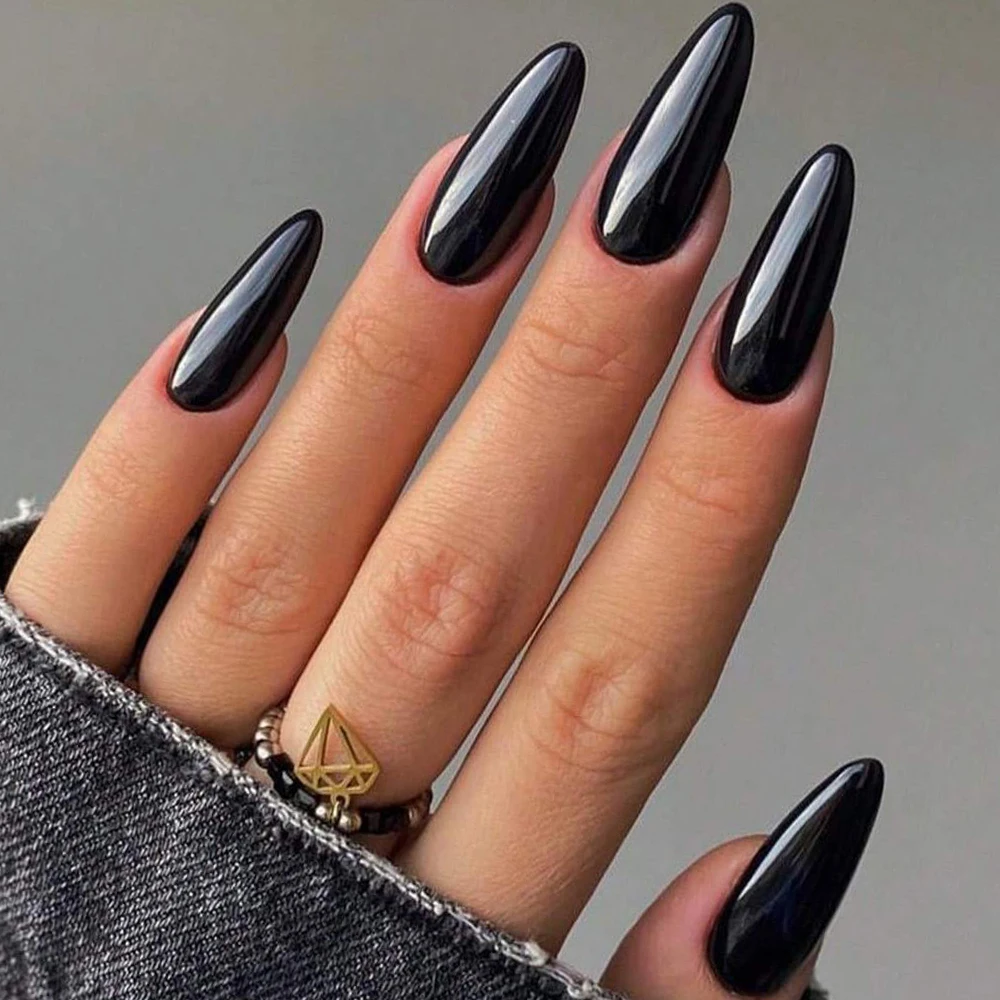 100 шт. глянцевые накладные ногти с черным миндалем средней длины однотонные в