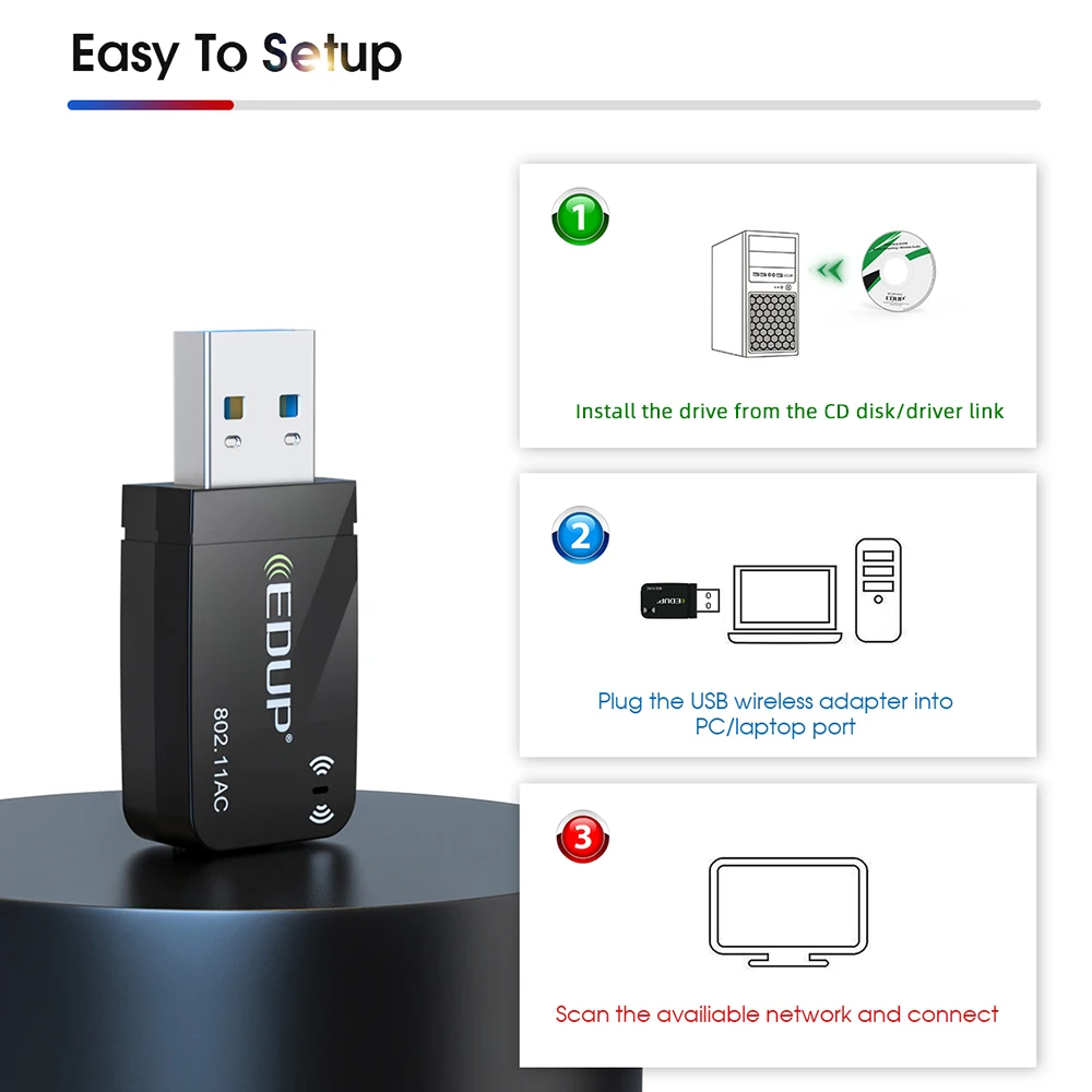 EDUP 1300Mbps Mini USB WiFi Adapter Dual Band Wifi Network Card  5G/2.4GHz Wireless AC USB Adapter for PC Desktop Laptop Win11 images - 6