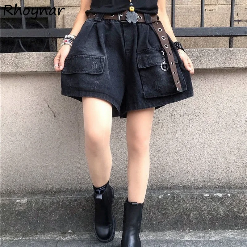 

Shorts Women Denim Summer Newly Solid Elastic Waist Baggy Fashion Daily Distressed Pockets Simply All-match Streetwear College