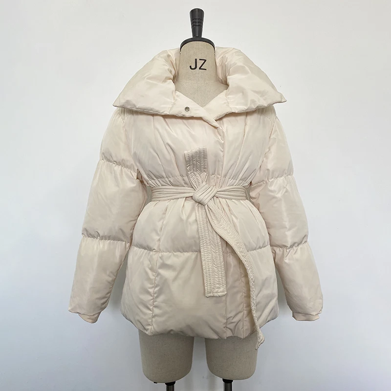 Fandy Lokar Winter Stand Collar Parkas Women Fashion Tie Waist Short Coats Women Elegant New Solid Puffer Jackets Female Ladies