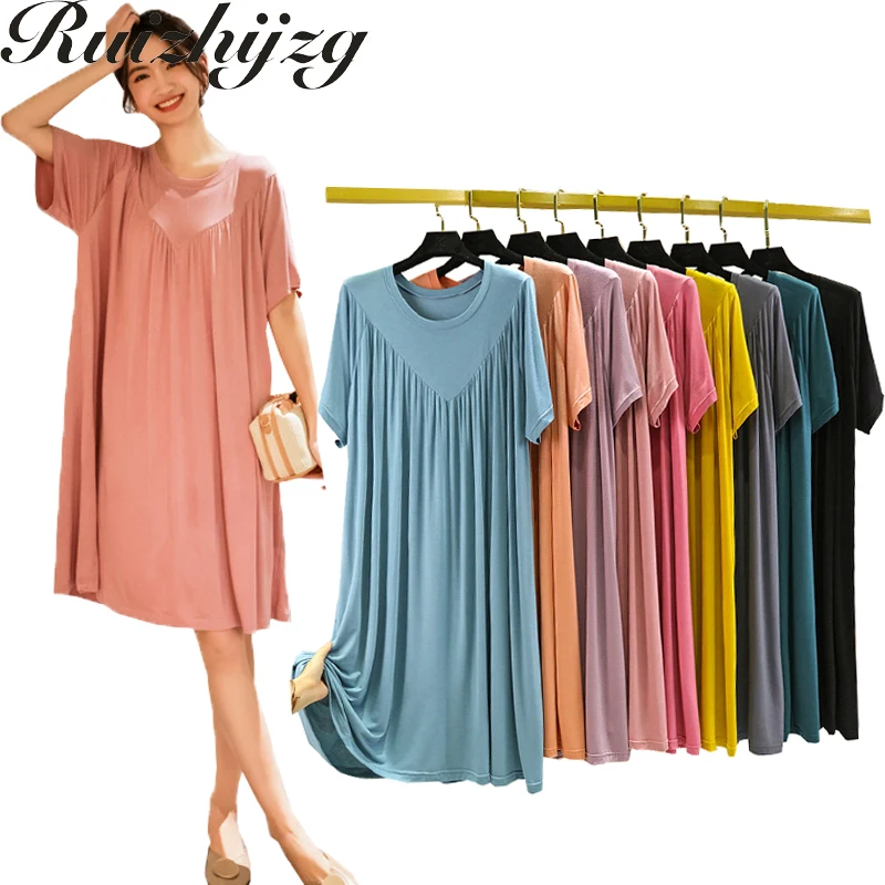 

Ruizhijzg Women Long Dress Modal Cotton Summer Loose Casual Short Sleeved V Neck Casual Thin Night Sleep Home Wear Ladies Pajam