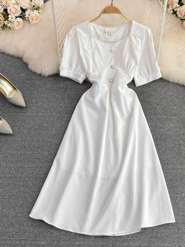 

Женское винтажное платье с рукавами-пузырьками Fitaylor, Повседневное платье трапециевидной формы с квадратным вырезом и высокой талией на лет...