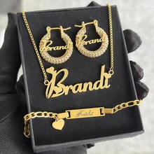 New Stainless Steel Customized Name Children's Set Personalized Custom 22MM Mini Earring Necklace Bracelet Set For Girl Gift 