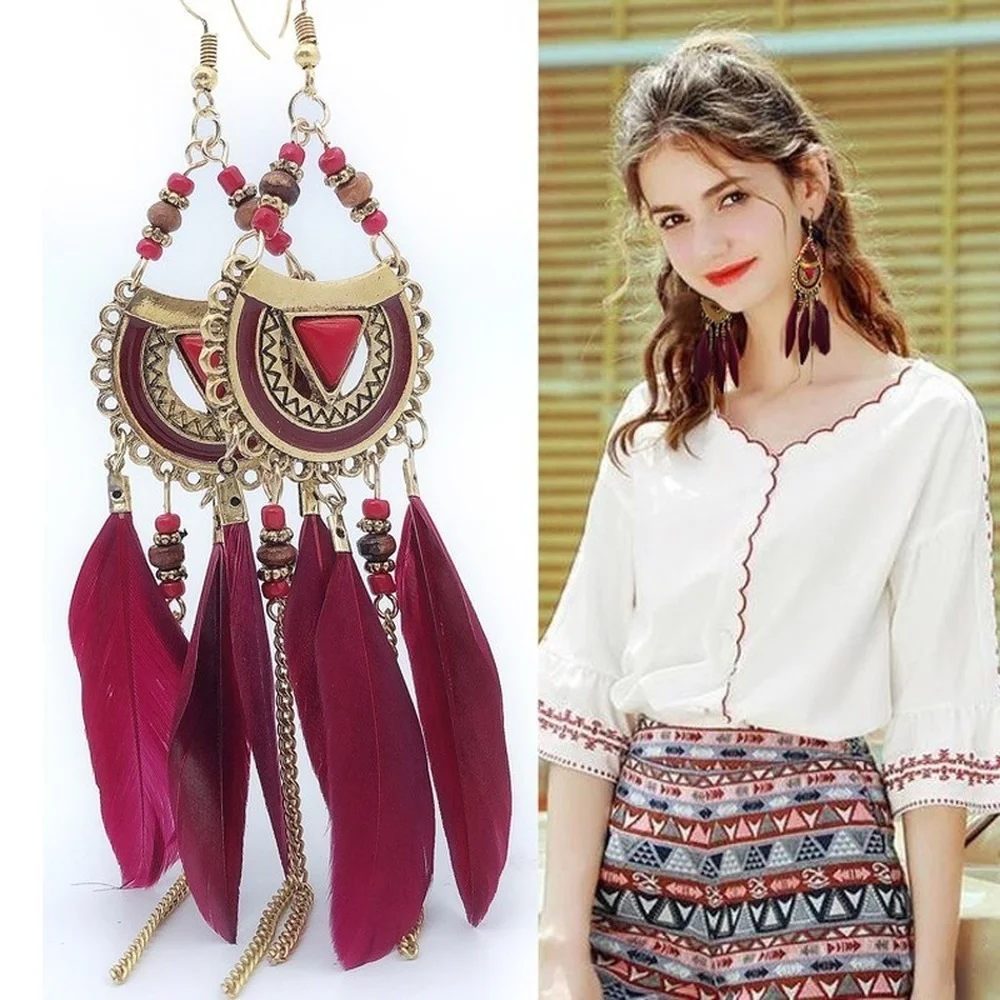 

2023 Korean Fashion Color Tassel Charm Long Earrings Vintage Feather Rice Bead Pendant Earrings Wedding Jewelry for Women Gifts