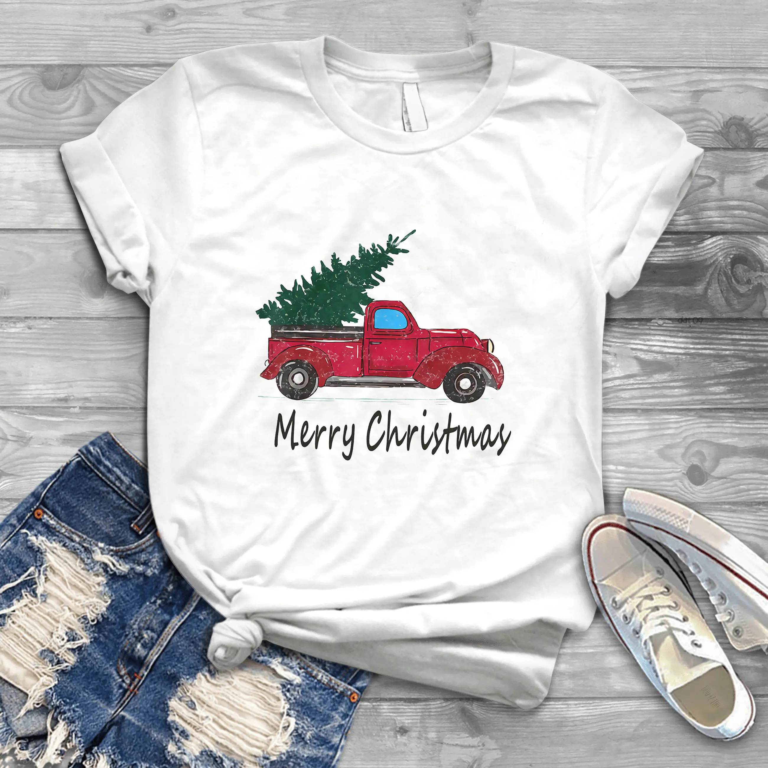 Винтажная футболка с красной грузовиком и рождественской елкой подарочная для
